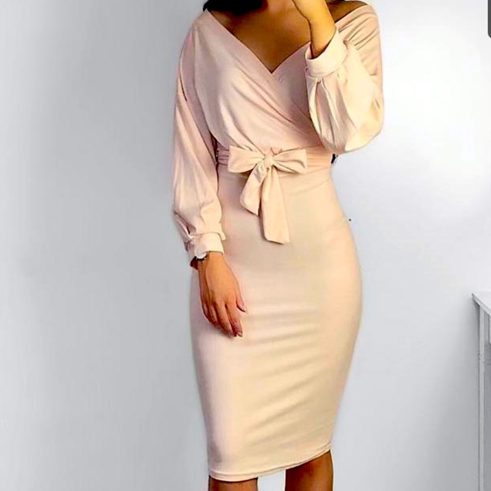 Light pale peach off the shoulder midi dress